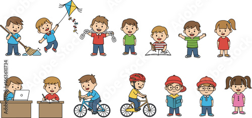 Cartoon kids doing daily activities like biking, reading, cleaning, learning, studying, exercising, and playing with joyful expressions.