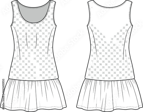 CAD drawing flat vector illustration of sleeveless dress, patterned fabric, fitted bodice, flared skirt, garment layout, front back views