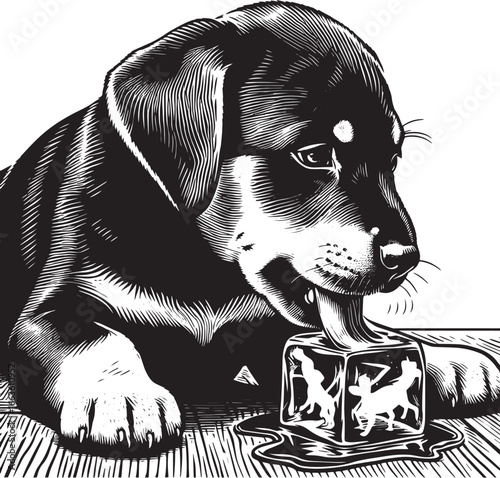 Black and white illustration of a puppy licking a decorated ice cube on a wooden surface