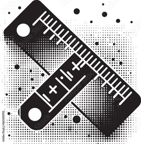 Black and white illustration of crossed rulers with dot pattern background for design and