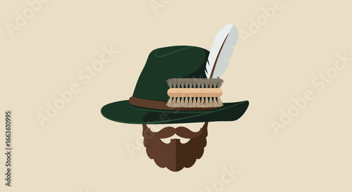 An elegant flat design illustration of a traditional Bavarian Trachtenhut, complete with a distinctive Gamsbart and feather