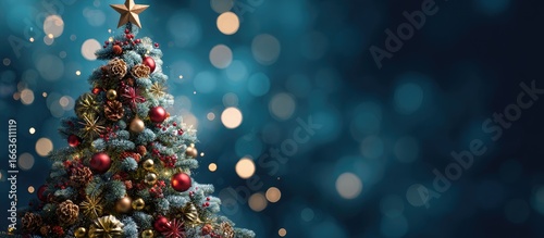 A festive Christmas tree adorned with colorful ornaments stands against a backdrop of teal bokeh lights