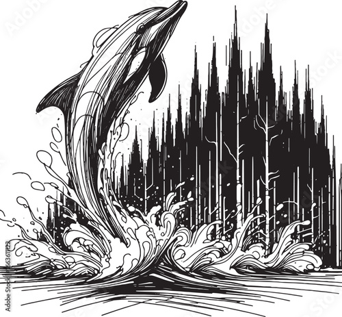Black and White Illustration of a Dolphin Leaping Out of the Ocean Water with Trees in the