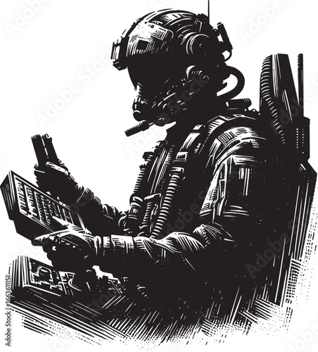 Illustration of a Pilot in a Futuristic Cockpit, Controlling Complex Technology, Vector Art