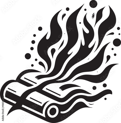 Stylized Black and White Illustration of a Burning Car with Flames and Abstract Details