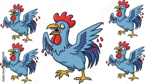 Crazy Blue Rooster Cartoon Set – Hysterical Screaming Chicken Character with Blood Drops for Stickers, Comics, Dark Humor Art