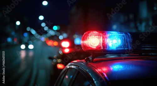 Police car lights flashing at night.  City street in the background