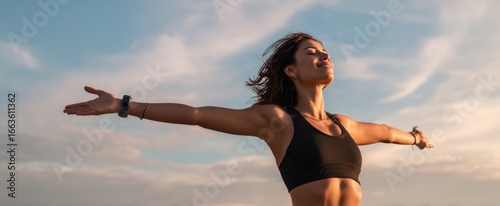 The woman embracing freedom and joy against a beautiful sunset backdrop.