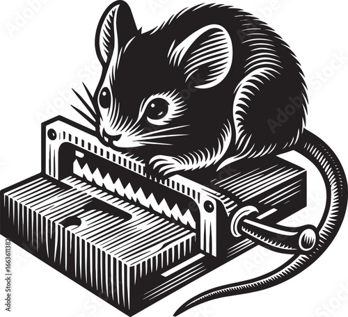 Detailed black and white illustration of a mouse poised on a dangerous mousetrap device