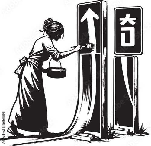 Asian Woman repainting road signs with brush in stylized monochr