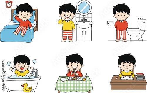 Cute Boy Daily Morning Routine Vector Set Including Waking Up, Brushing Teeth, Bathing, Eating Breakfast, Toilet Use, and Studying.