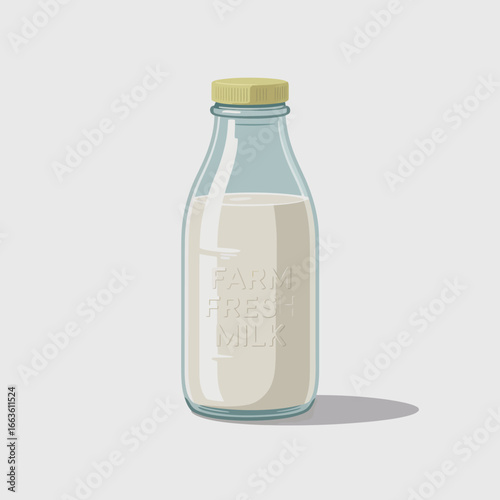 A pristine glass milk bottle labeled 'Farm Fresh Milk' stands elegantly, showcasing the classic, wholesome imagery of dairy products emphasizing freshness and quality.