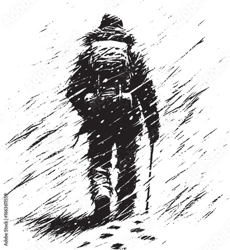 Silhouette of a lone hiker braving a snowstorm in a challenging winter environment
