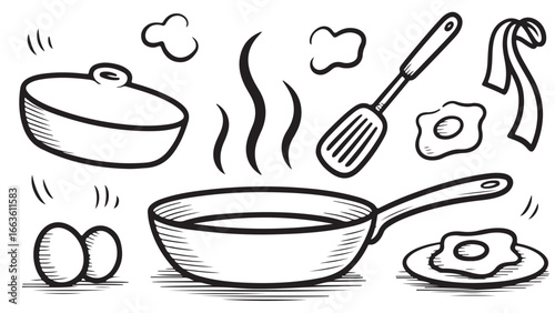 Vibrant Kitchen Utensils & Cooking Elements: A Hand-Drawn Illustration