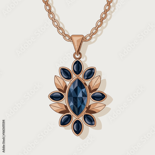 This stunning rose gold pendant features intricate designs, showcasing dark blue gemstones that add a glamorous touch, perfect for elegant jewelry lovers seeking style.