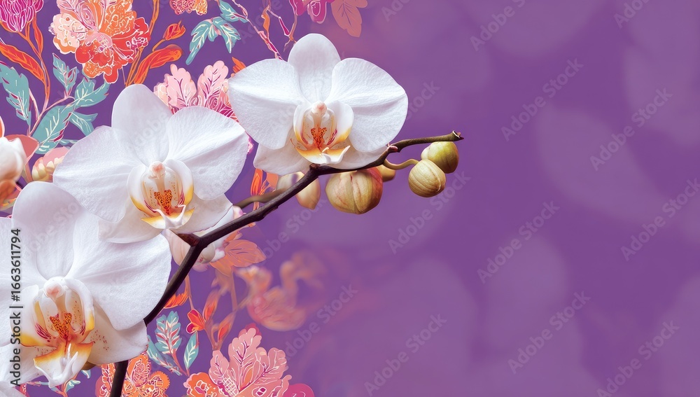 Fototapeta premium Delicate white orchids on a purple background with floral patterns