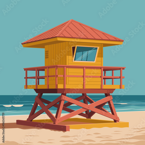 This lively yellow lifeguard tower beautifully overlooks a serene beach, representing safety and summer fun, calling to mind vacations and sunny days spent by the ocean.