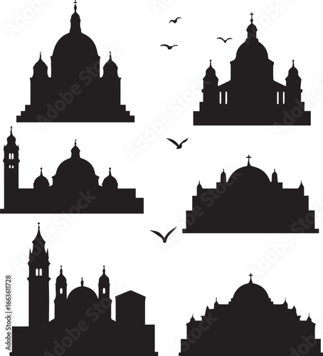 Assortment of Black Silhouettes of Churches and Grand Architectural Structures cathedral architecture