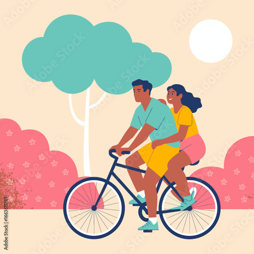 This joyful image features a couple biking together, embodying the spirit of adventure and shared experiences in a beautiful outdoor environment with trees and sunshine.
