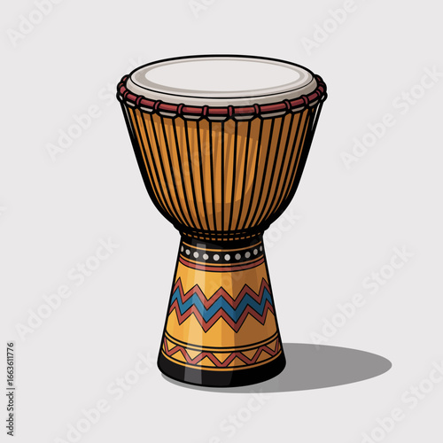 This vibrant image showcases a handcrafted African drum adorned with intricate patterns, exuding cultural richness and musical heritage.