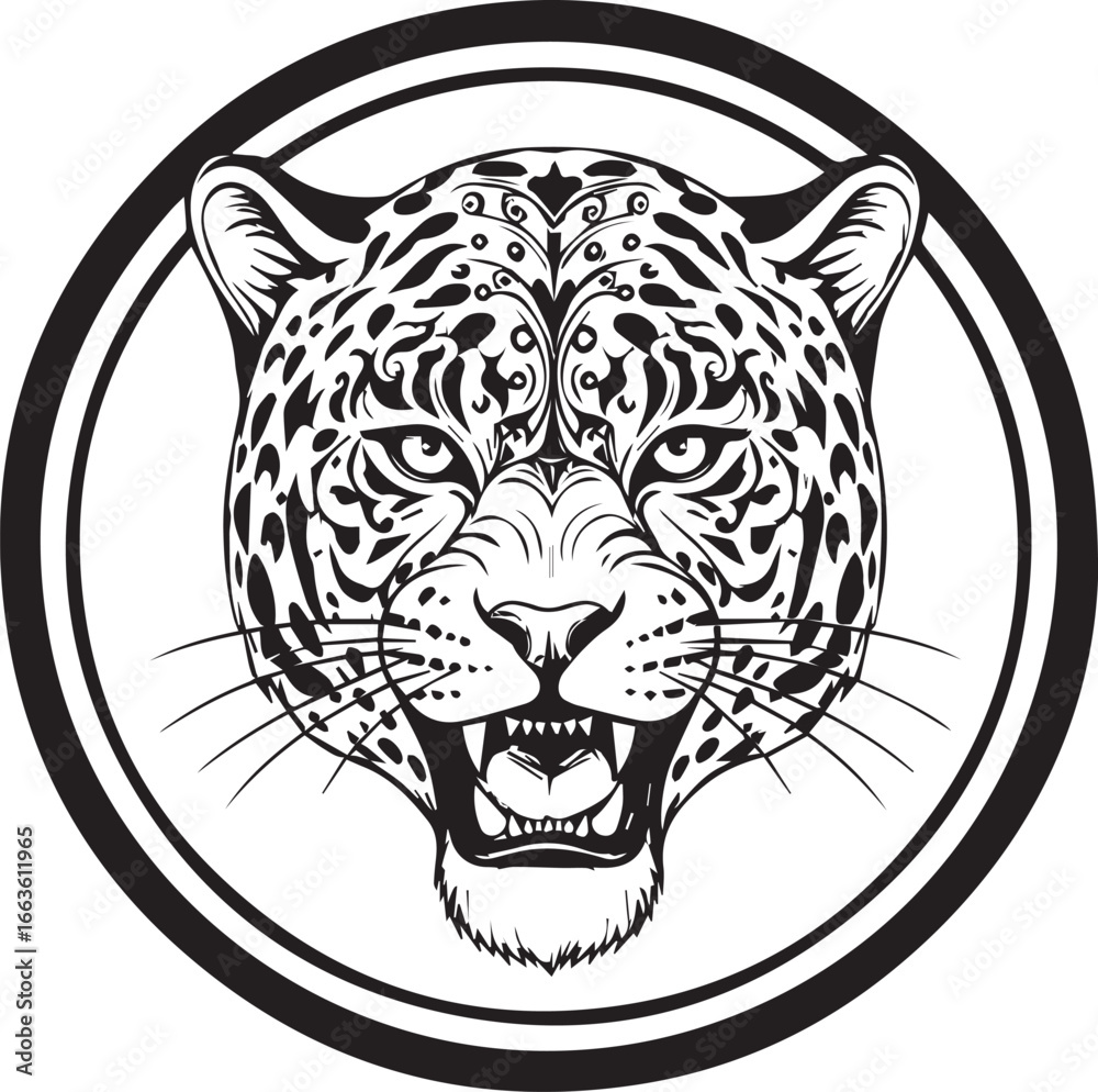 Fototapeta premium Black and White Tribal Jaguar Head Emblem with Open Mouth and Fierce Expression leopard big cat