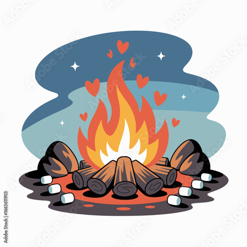 This delightful image features a cozy campfire with logs and marshmallows surrounded by heart symbols, capturing a warm and joyful atmosphere for bonding.