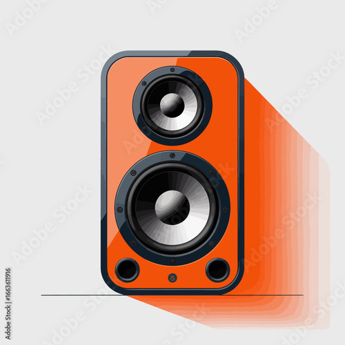 A vividly stylized orange speaker designed with two large drivers highlights the auditory essence of sound, symbolizing music, emotion, and creativity in its form.