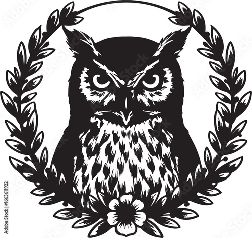 Black and White Owl Portrait with Laurel Wreath and Flower bird nocturnal