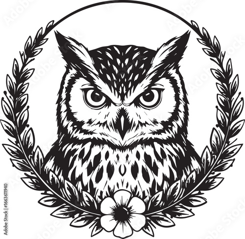 Black and White Owl Portrait Framed by Laurel Wreath and Flower bird nocturnal