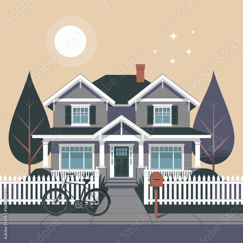 A charming house design with a picket fence and a bicycle parked outside, representing a pleasant suburban lifestyle filled with warmth, happiness, and community.