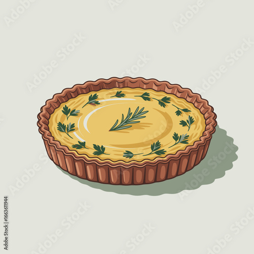 An appetizing savory tart is elegantly displayed, featuring a smooth filling and carefully arranged herbs, reflecting culinary artistry and the deliciousness of gourmet food.