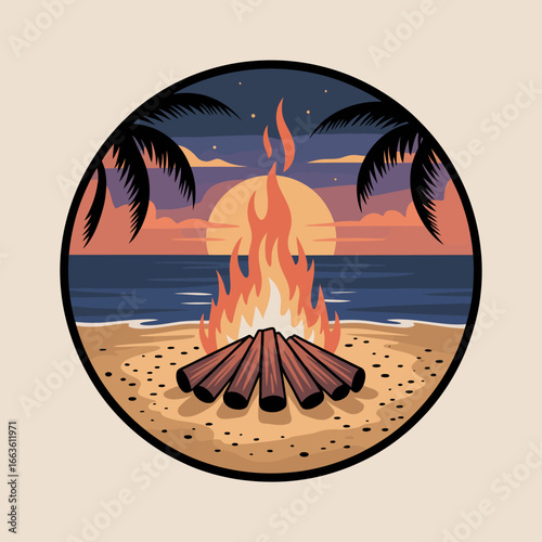 This image showcases a vibrant beach campfire scene with logs arranged in a circle, set against a stunning sunset over the ocean framed by palm trees.