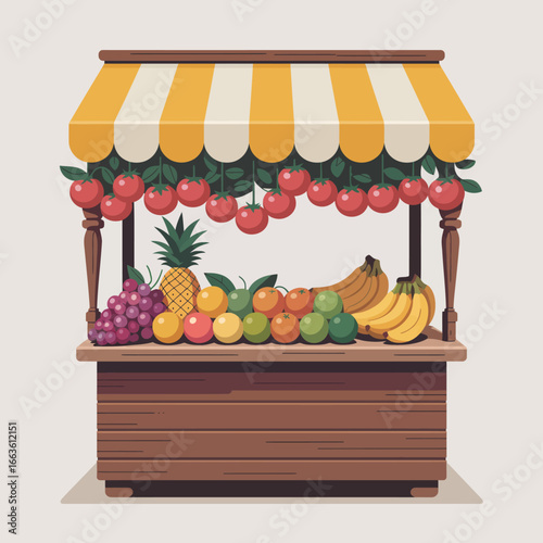 This charming fruit stand showcases a vibrant array of fresh produce, including tomatoes, bananas, grapes, and more, beneath a cheerful striped awning.