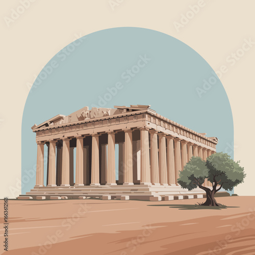 An artistic depiction of the Parthenon, a symbol of ancient Greek architecture, set against a serene blue sky, capturing its grand history and cultural significance.