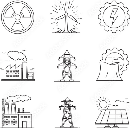 Collection of nine black and white line art icons representing different energy sources and power generation facilities