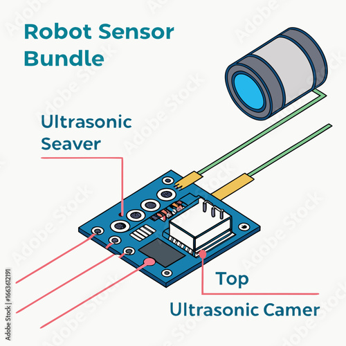 Robot sensor bundle featuring an ultrasonic sensor module and a top view ultrasonic camera component