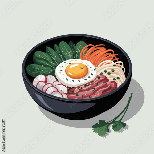 This vibrant illustration showcases a colorful bowl of Korean Bibimbap, featuring fresh vegetables, meat, and a fried egg, beautifully arranged for a wholesome meal.
