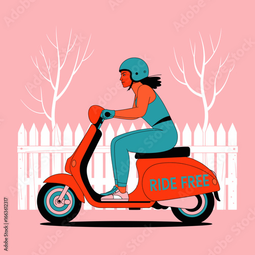 A cheerful woman cruising on a vibrant scooter, embodying the spirit of freedom and adventure, with an inviting backdrop that adds a playful tone to the scene.