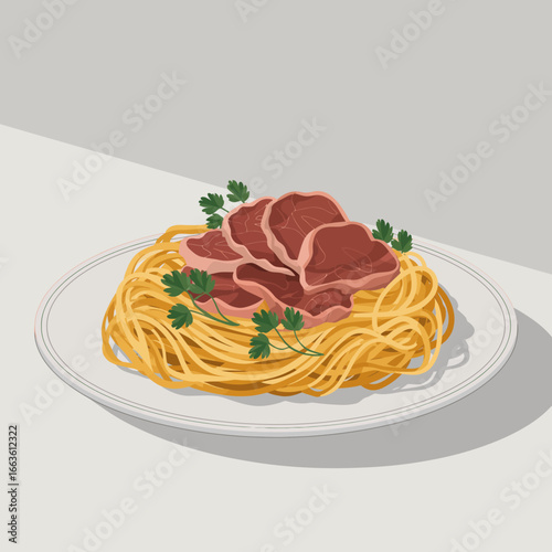 An appetizing plate featuring a heap of spaghetti topped with generous slices of savory beef and garnished with fresh parsley, ready to satisfy any culinary craving.