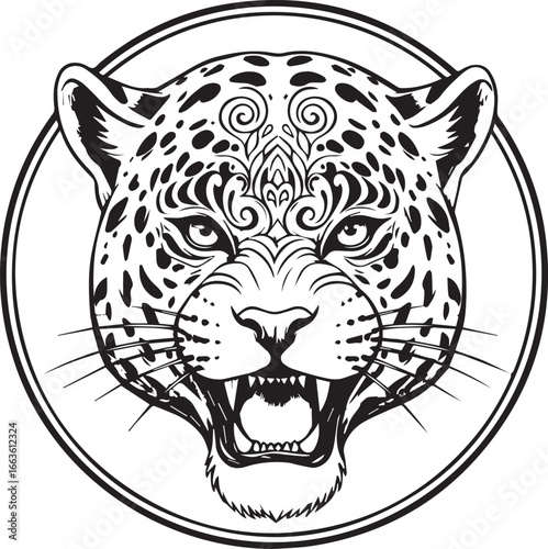Fierce Jaguar Head with Intricate Tribal Patterns Encased in a Circle Keywords: jaguar, leopard, big cat, wild animal, predator, feline, head, face, portrait, black and white, monochrome