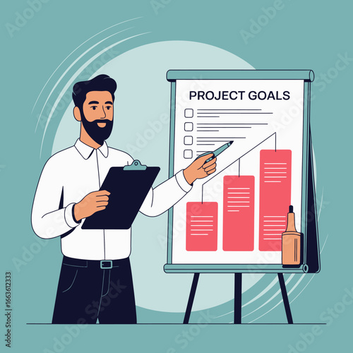 A confident businessman is presenting project goals using a chart on a flip board, showcasing teamwork, organization, and professionalism in a modern business environment.