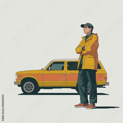 This stylish image features a person in a bright yellow outfit standing confidently next to a vintage car, embodying a fun retro vibe and casual fashion.