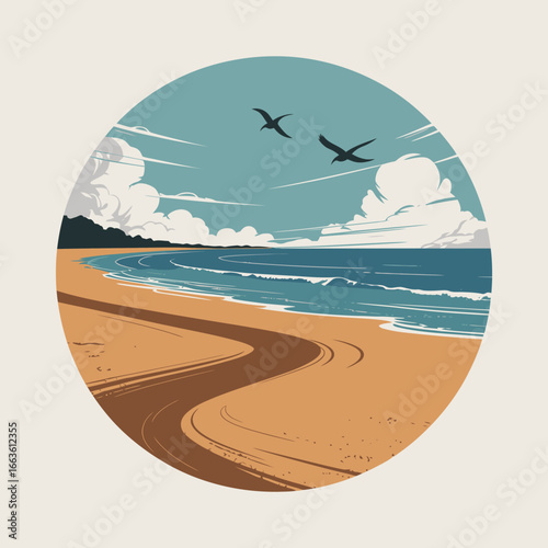 A picturesque beach landscape capturing soft waves and birds soaring in the sky, representing freedom and the essence of nature's beauty, inviting peace and relaxation.