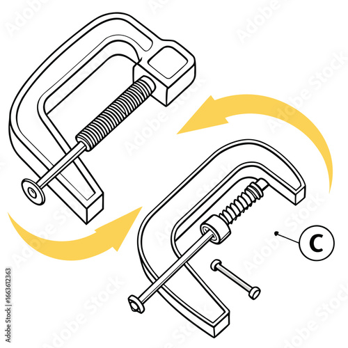 Two c clamps in isometric view with directional arrows indicating a process or comparison