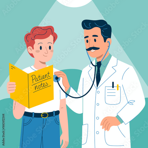 A healthcare professional examines a patient with a stethoscope while holding patient notes, symbolizing the compassion and care inherent in the medical profession.