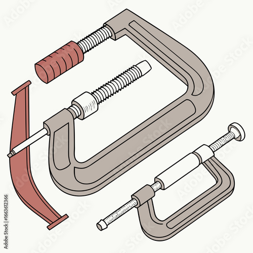 Three c clamps in different sizes and colors one disassembled isolated on a white background