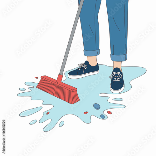 The image depicts a person cleaning a floor with a red broom, surrounded by puddles and items, highlighting the importance of cleanliness and organization in daily life.