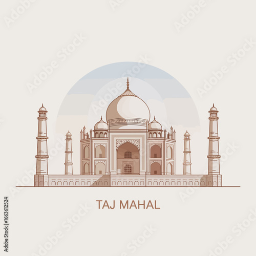 An artistic representation of the Taj Mahal set against a soft background, symbolizing beauty, love, and history, perfect for showcasing cultural heritage and architecture.