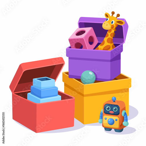 An inviting array of colorful toy boxes filled with playful items, featuring a giraffe toy, shapes cubes, and a robot, perfect for child development and imagination.