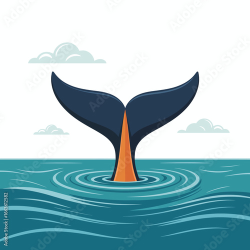 A beautiful illustration of a whale tail elegantly breaking the surface of calm ocean waters, surrounded by gentle waves and soft clouds, symbolizing nature's grandeur.